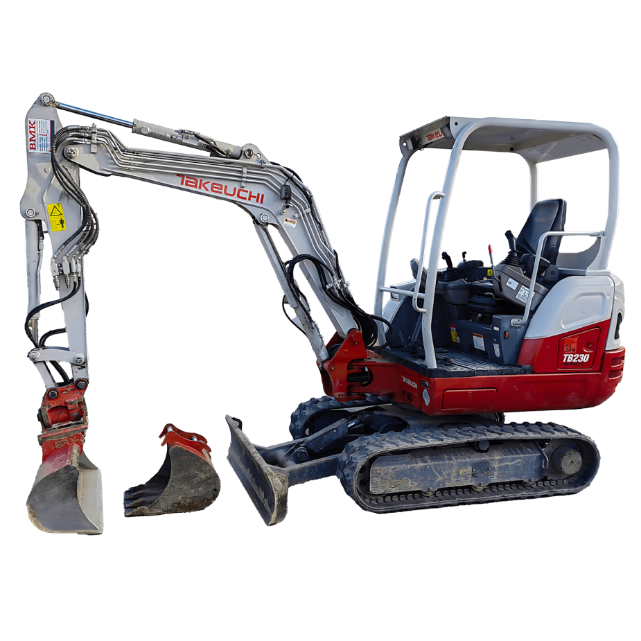 BMK Baumaschinen Services - Takeuchi TB 228 ÜB / TB 230 ÜB Minibagger mit verschiedenen Anbaugeräten für vielseitige Bauprojekte in Wien und Niederösterreich